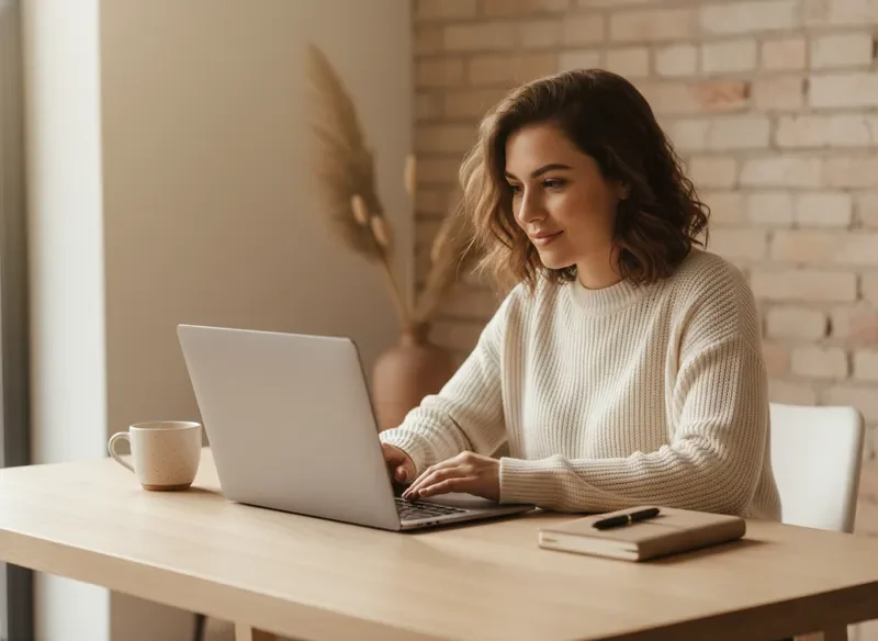 A creator working thoughtfully at a warm, minimal workspace